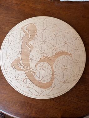 Crystal Grid Engraved Wooden Mermaid Round Plaque - Natural Wood Flower of Life